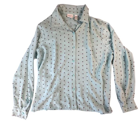 Covington Blouse Womens XL Light Blue with Brown Polka Dots Button Up Dressy - Picture 1 of 8
